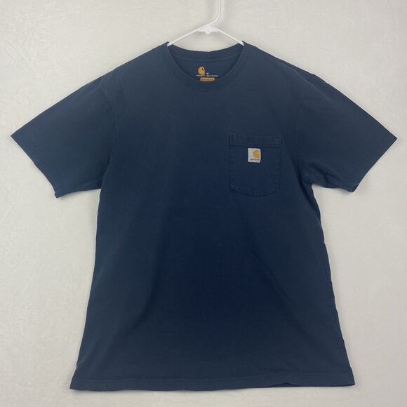 Carhartt Shirt Mens Medium Blue Logo Pocket Crewneck Short Sleeve Workwear - Picture 1 of 9